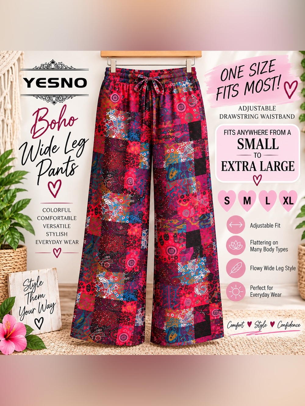 YESNO Women’s S-XL Boho Patchwork Wide Leg Palazzo Pants Multicolor NWT